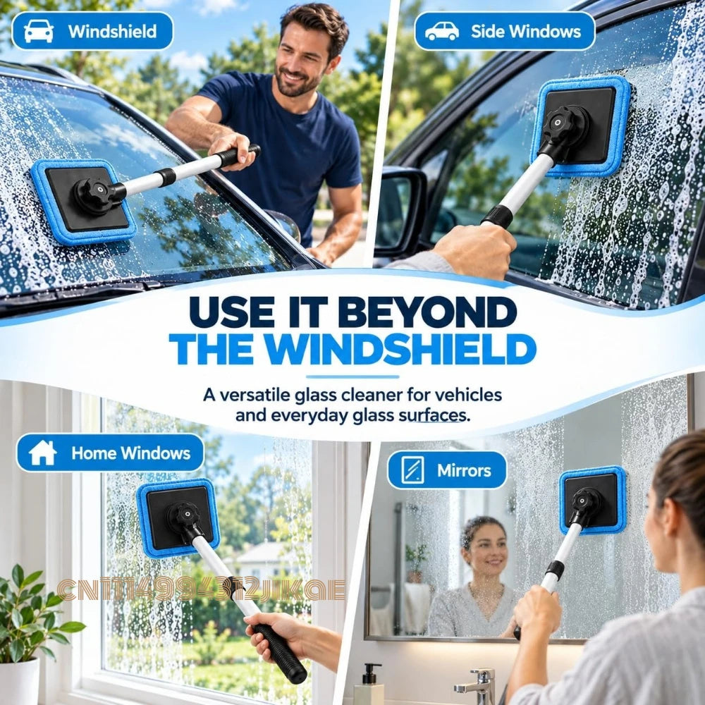 Magnetic Windshield Cleaning Kit shown cleaning a windshield, side window, home window and mirror