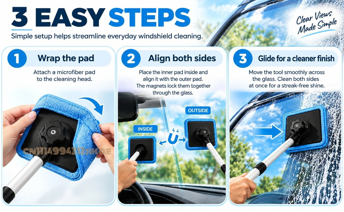 Magnetic Windshield Cleaning Kit guide showing pad attachment, magnetic alignment and wiping steps