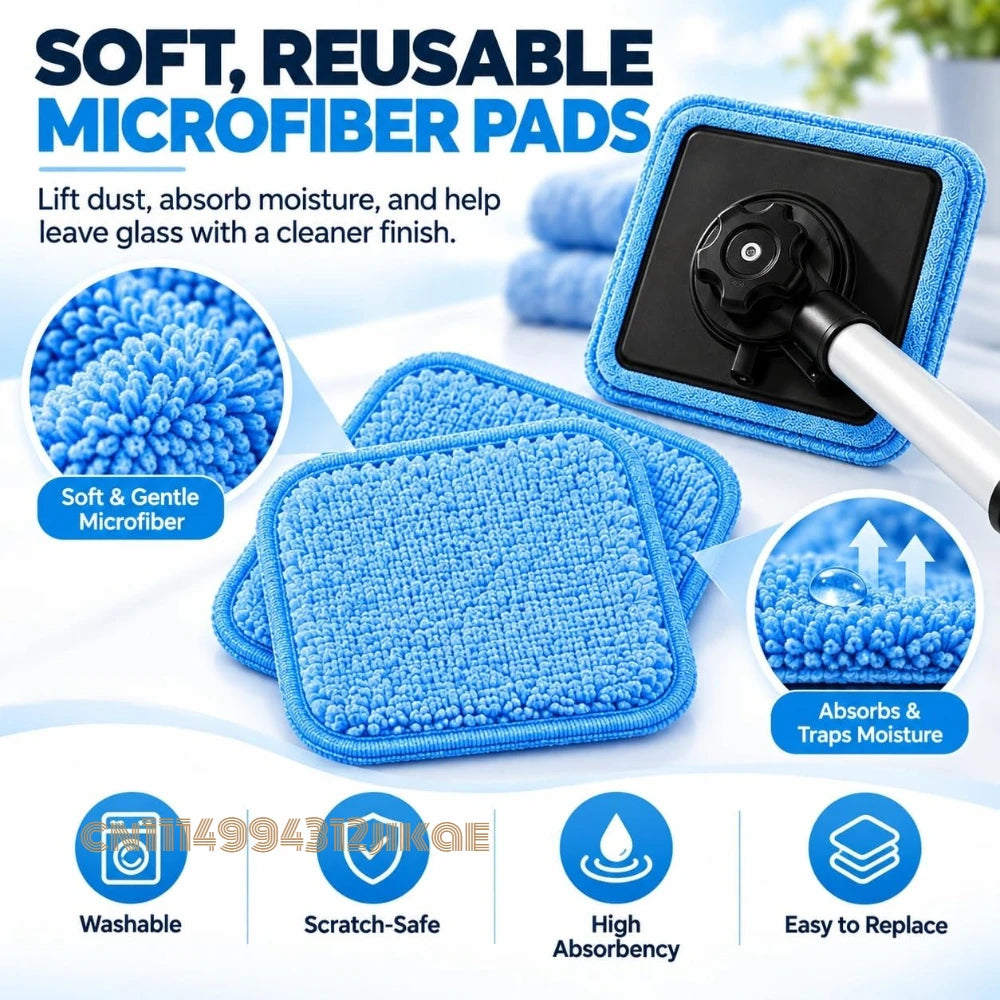 Magnetic Windshield Cleaning Kit with close-up views of blue removable microfiber cleaning pads
