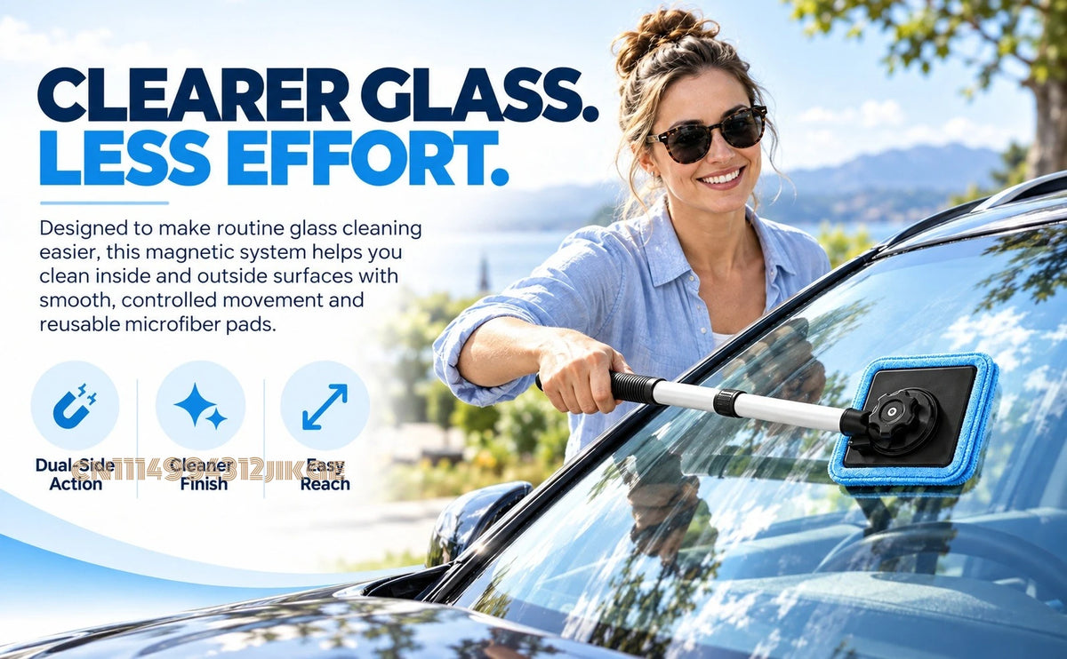 Magnetic Windshield Cleaning Kit in use on a car windshield outdoors with its extended handle