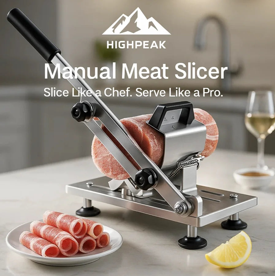 HighPeak Manual Meat Slicer in stainless steel slicing frozen meat with adjustable thickness on kitchen countertop