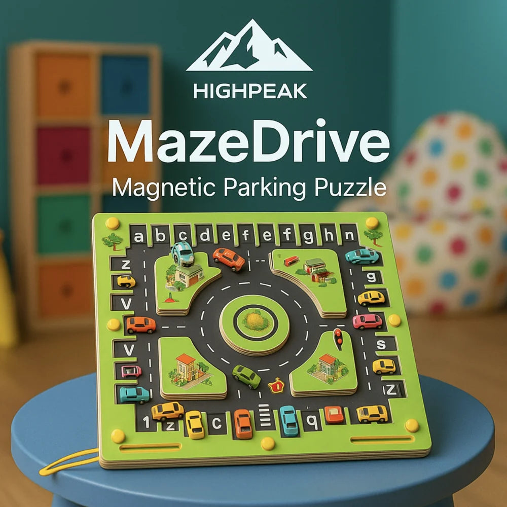 HighPeak MazeDrive™ magnetic parking puzzle in green with colorful cars on a roundabout learning ABC letters and parking logic