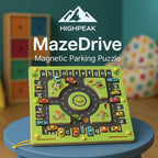 HighPeak MazeDrive™ magnetic parking puzzle in green with colorful cars on a roundabout learning ABC letters and parking logic