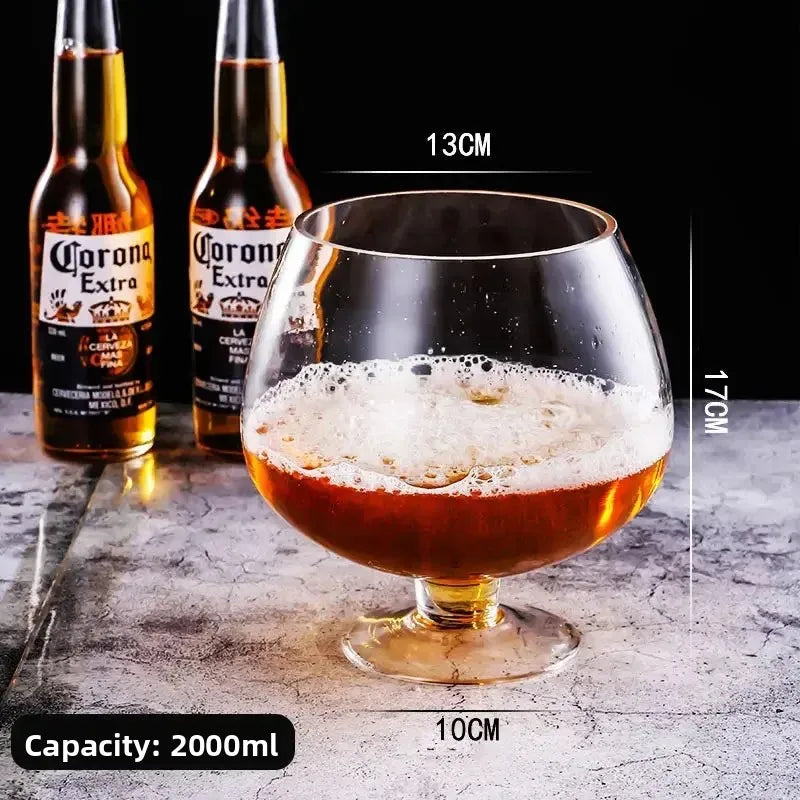 Mega Sized Wine Glass 2 L with beer, showing a 13 cm rim, 17 cm height, and 10 cm base.