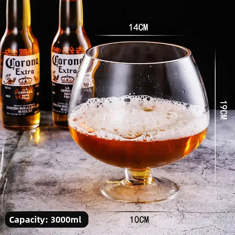 Mega Sized Wine Glass 3 L with beer, showing a 14 cm rim, 19 cm height, and 10 cm base.