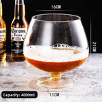 Mega Sized Wine Glass 4 L with beer, showing a 16 cm rim, 21 cm height, and 11 cm base.