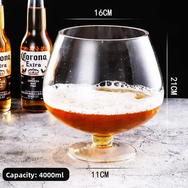 Mega Sized Wine Glass 4 L with beer, showing a 16 cm rim, 21 cm height, and 11 cm base.