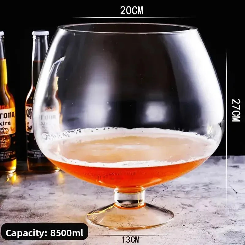 Mega Sized Wine Glass 8.5 L with beer, showing a 20 cm rim, 27 cm height, and 13 cm base.