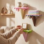 Melting Ice Cream Shelf trio styled on a bedroom wall as a person places a framed photo