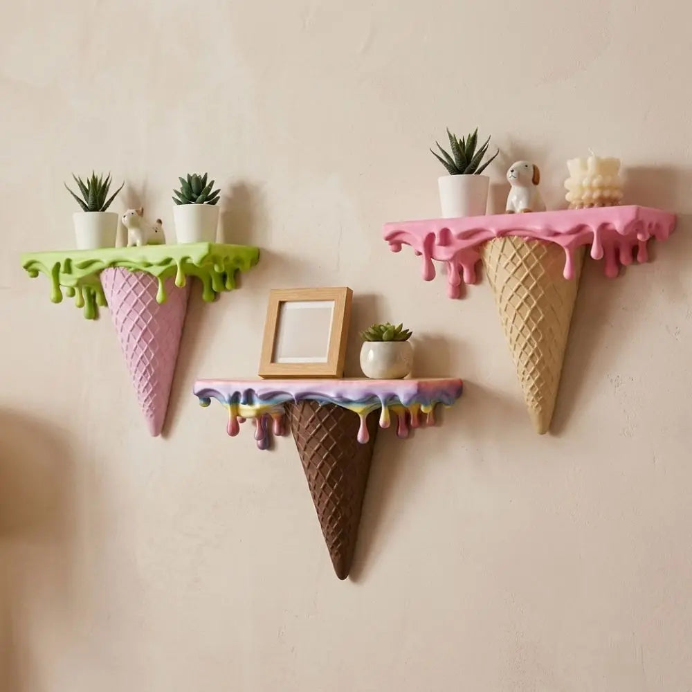 Melting Ice Cream Shelf shown in Green, Pink, and Colorful finishes on one wall