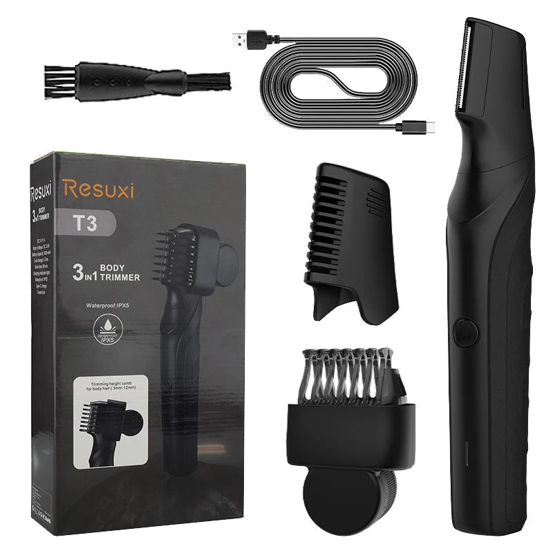 Men’s Body Grooming Kit – black Resuxi T3 trimmer with two combs, USB cable and cleaning brush.