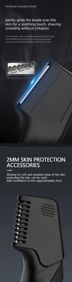 Men’s Body Grooming Kit – blade detail and fixed comb attachment illustrated in a tall feature guide.