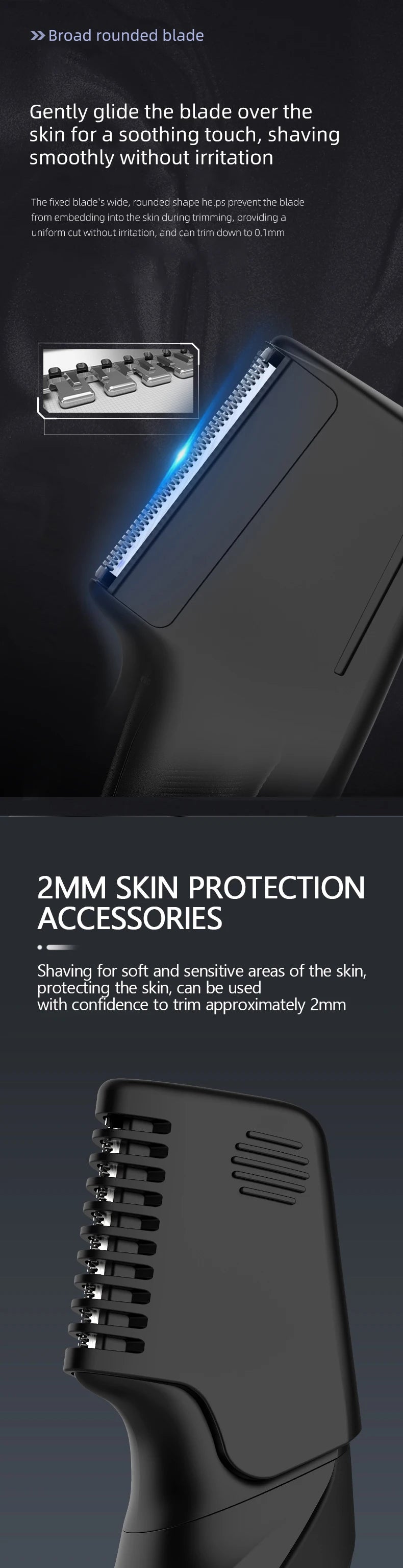 Men’s Body Grooming Kit – blade detail and fixed comb attachment illustrated in a tall feature guide.