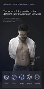 Men’s Body Grooming Kit – body grooming demonstration with a man holding the trimmer near his torso.