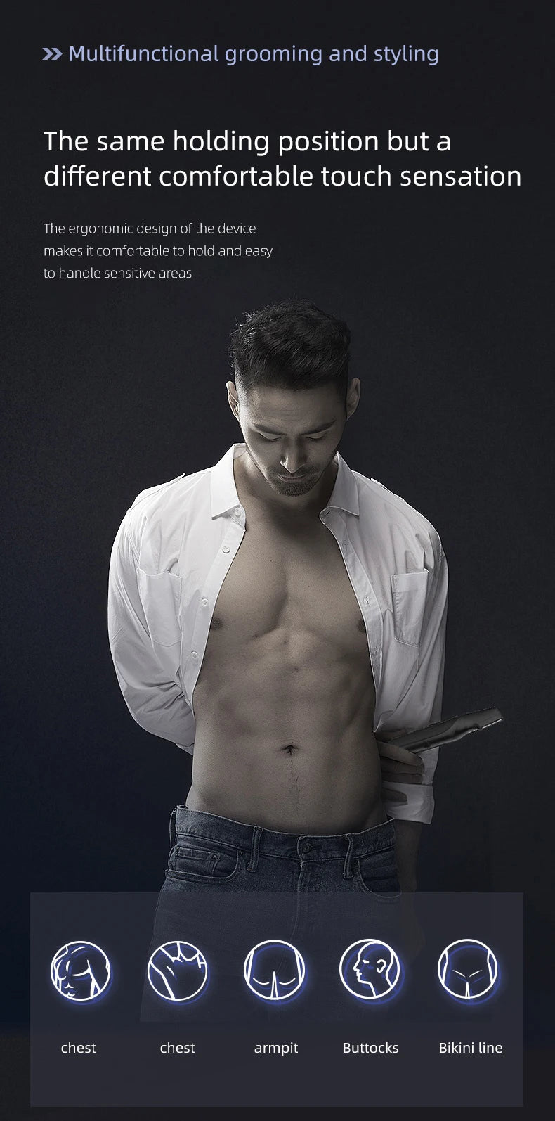 Men’s Body Grooming Kit – body grooming demonstration with a man holding the trimmer near his torso.