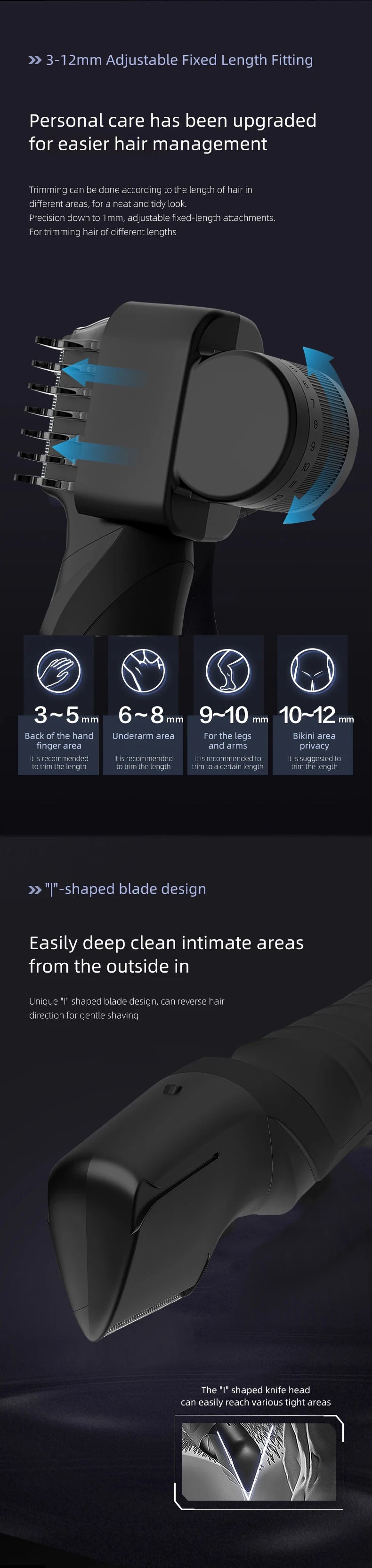 Men’s Body Grooming Kit – adjustable comb dial and angled cutting head shown in a detailed guide.