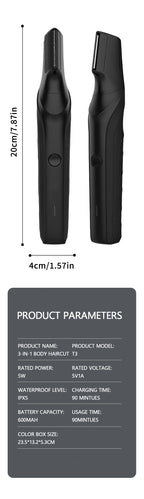 Men’s Body Grooming Kit – trimmer size diagram and T3 battery, charging and power specifications.
