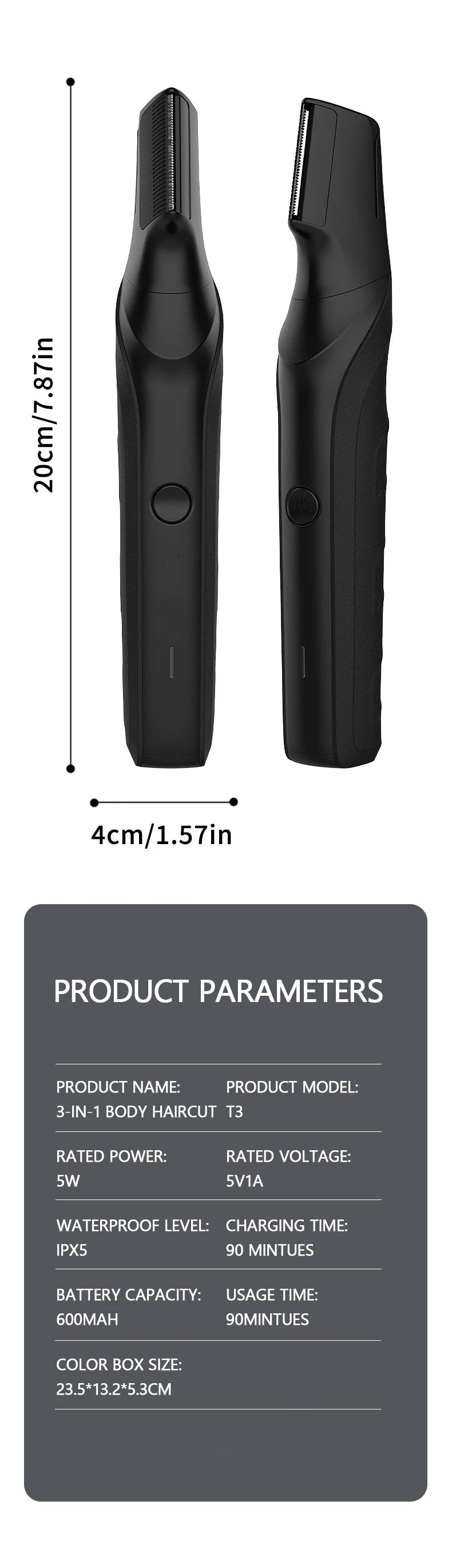Men’s Body Grooming Kit – trimmer size diagram and T3 battery, charging and power specifications.
