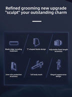 Men’s Body Grooming Kit – feature overview with icons for the blade, combs and rinse-clean design.