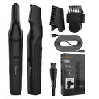 Men’s Body Grooming Kit – front and side trimmer views with fixed and adjustable comb attachments.