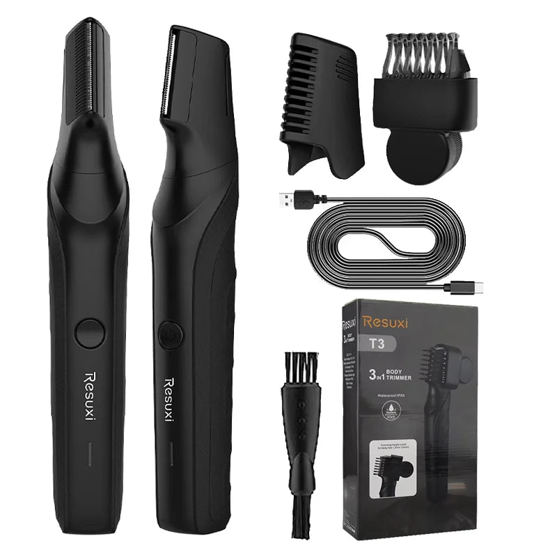 Men’s Body Grooming Kit – front and side trimmer views with fixed and adjustable comb attachments.