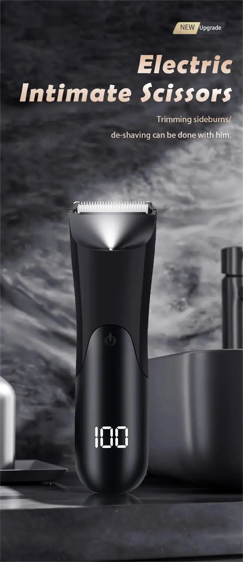 Men’s Groin Trimmer in black standing on a dark bathroom countertop with its digital battery display visible
