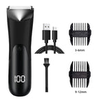 Men’s Groin Trimmer in black with digital display, two length guards, cleaning brush, Type-C cable, and bottle shown