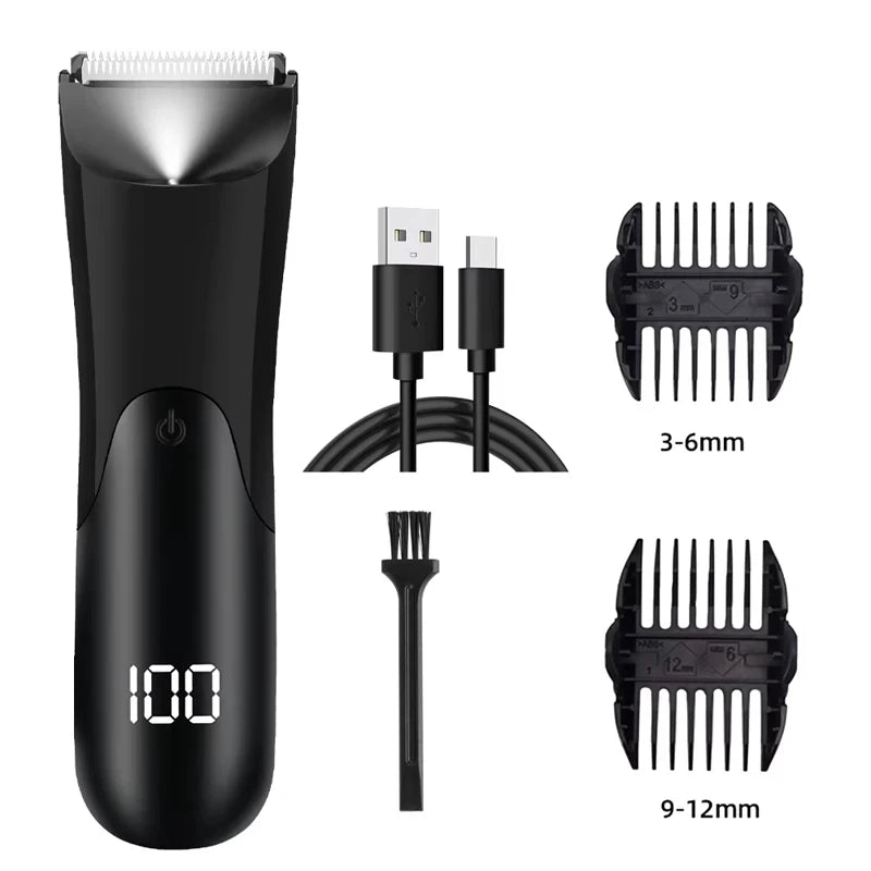 Men’s Groin Trimmer in black with digital display, two length guards, cleaning brush, Type-C cable, and bottle shown