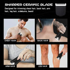 Men’s Groin Trimmer use guide showing grooming for the chest, back, arms, and legs with the ceramic blade