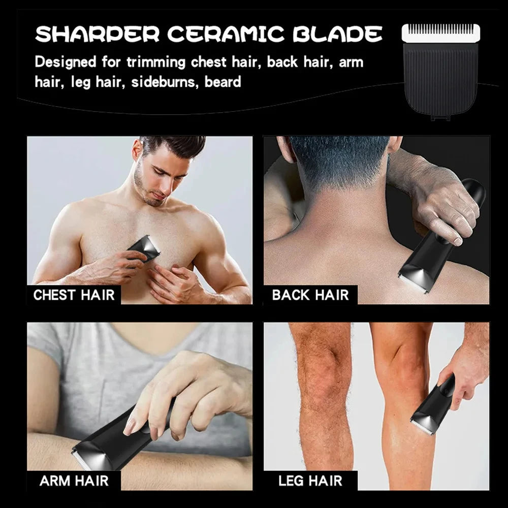 Men’s Groin Trimmer use guide showing grooming for the chest, back, arms, and legs with the ceramic blade