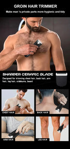 Men’s Groin Trimmer guide showing groin, chest, back, arm, and leg grooming uses with the ceramic blade