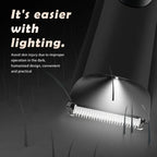 Men’s Groin Trimmer close-up showing the built-in light illuminating hair around the ceramic blade