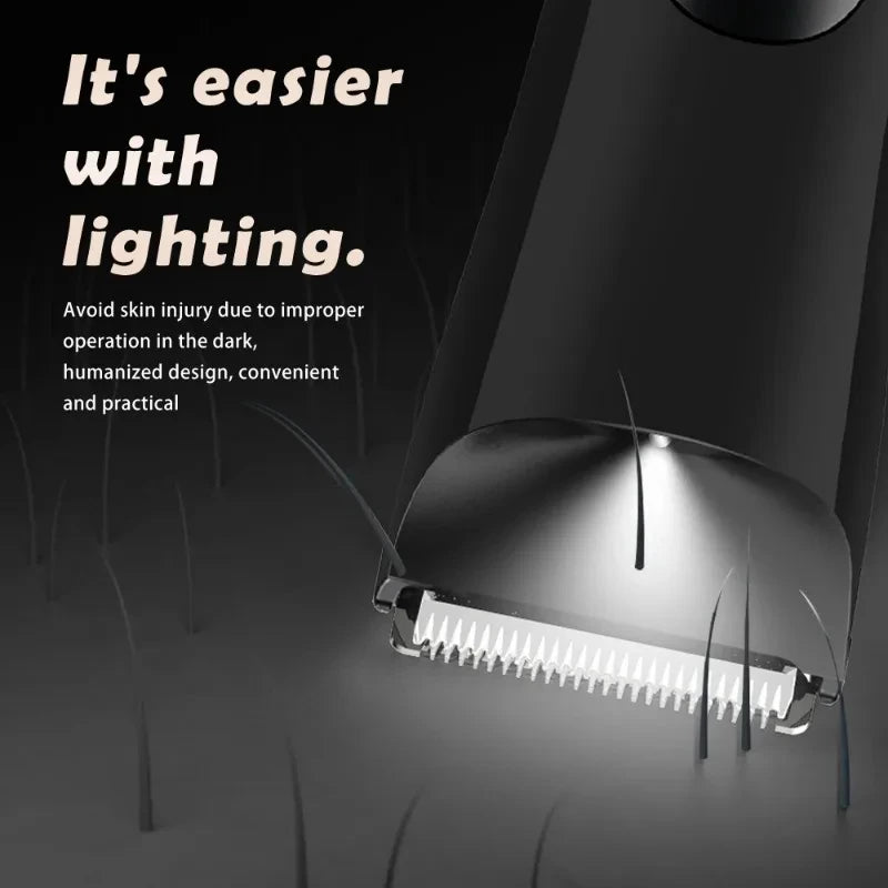 Men’s Groin Trimmer close-up showing the built-in light illuminating hair around the ceramic blade