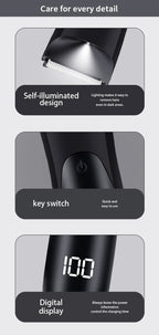 Men’s Groin Trimmer detail panel showing the built-in light, power button, and digital battery display