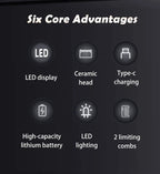 Men’s Groin Trimmer feature chart highlighting LED display, ceramic head, Type-C charging, battery, light, and guards