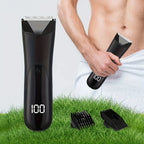 Men’s Groin Trimmer displayed beside a towel and two guard attachments during a men’s grooming routine