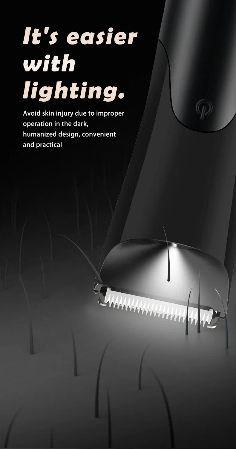 Men’s Groin Trimmer close-up showing the power button and built-in light illuminating the blade area