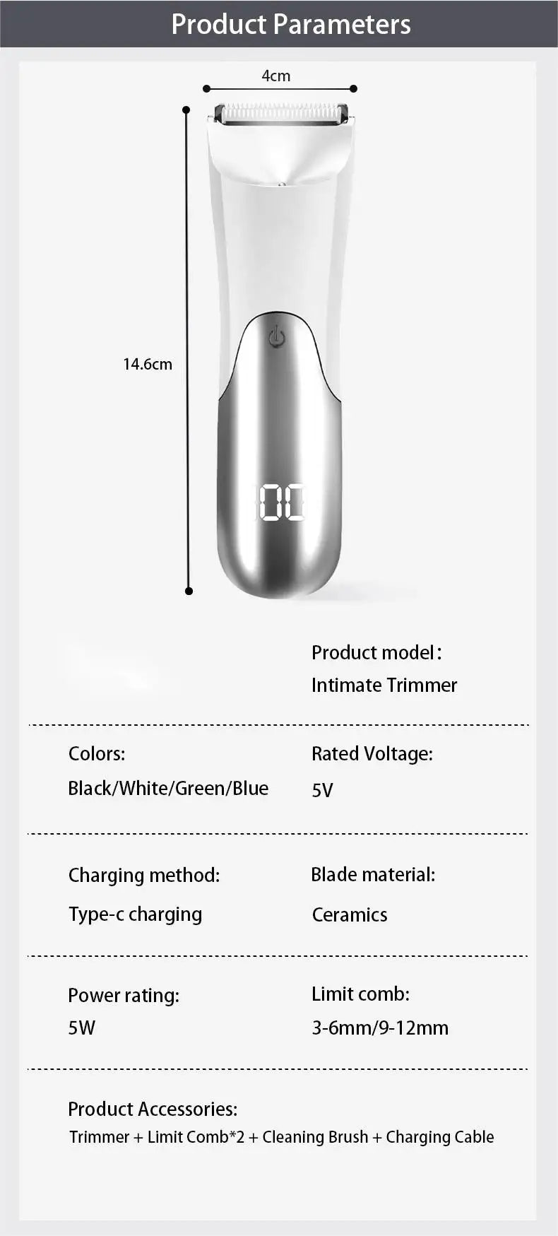 Men’s Groin Trimmer specification chart showing 14.6 × 4 cm dimensions, 5V power, ceramic blade, and guard lengths