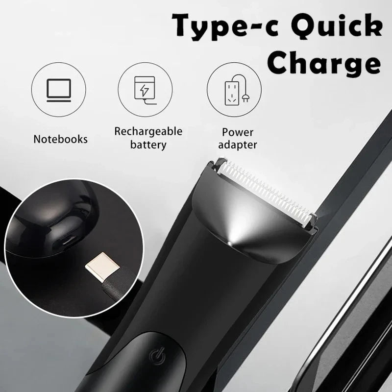 Men’s Groin Trimmer beside a Type-C connector with laptop, rechargeable battery, and power-adapter charging icons