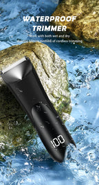 Men’s Groin Trimmer wet and dry demonstration with water droplets around the black cordless trimmer