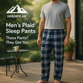 HighPeak Men's Plaid Sleep Pants in navy blue worn casually outdoors with elastic waistband and relaxed fit