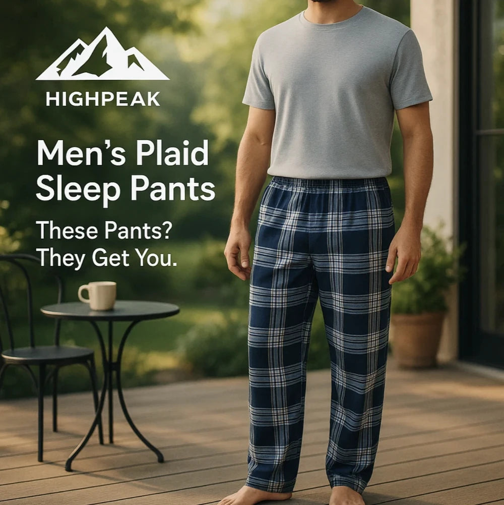 HighPeak Men's Plaid Sleep Pants in navy blue worn casually outdoors with elastic waistband and relaxed fit