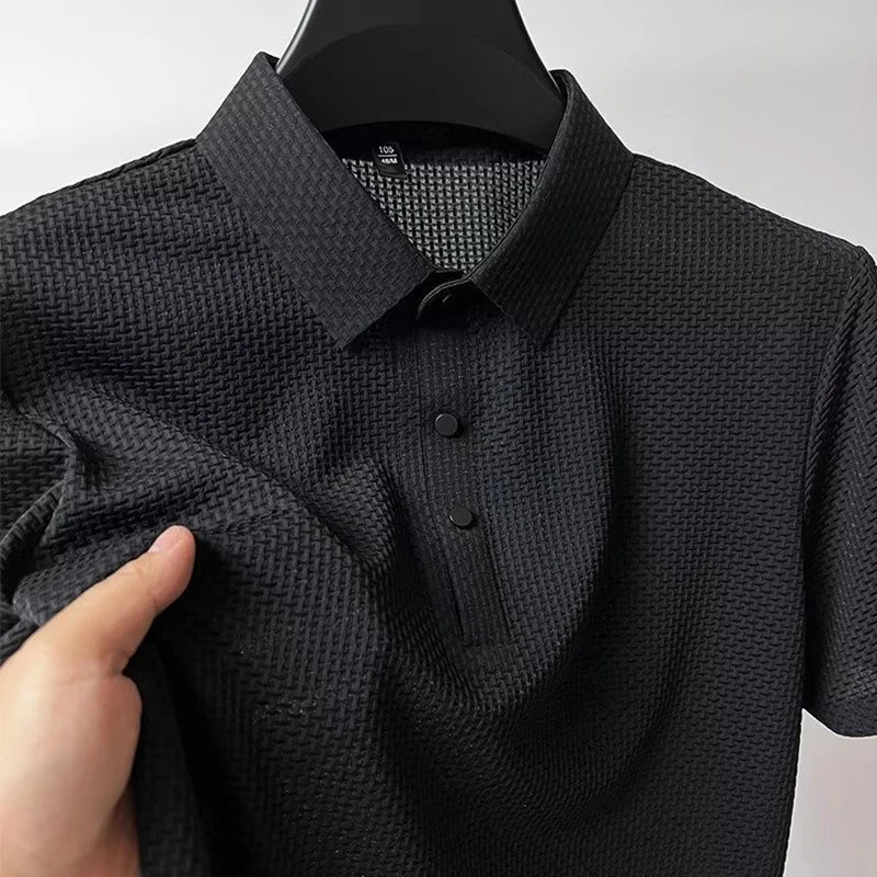 Black Men's Valor Textured Polo full front view on hanger