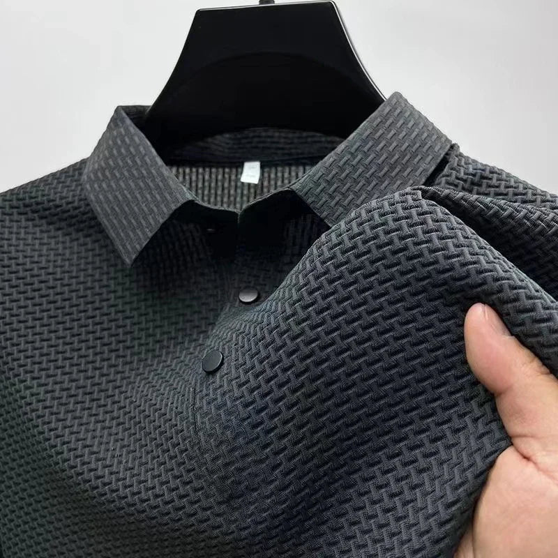 Men's Valor Textured Polo in gray showing collar and textured fabric