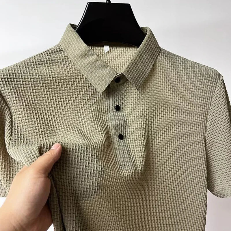 Khaki Men's Valor Textured Polo full front view on hanger