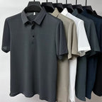 Men's Valor Textured Polo hanging lineup in six solid colors