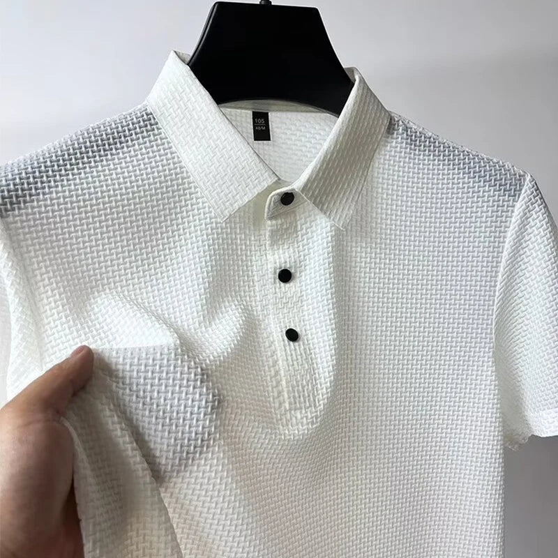 White Men's Valor Textured Polo full front view on hanger