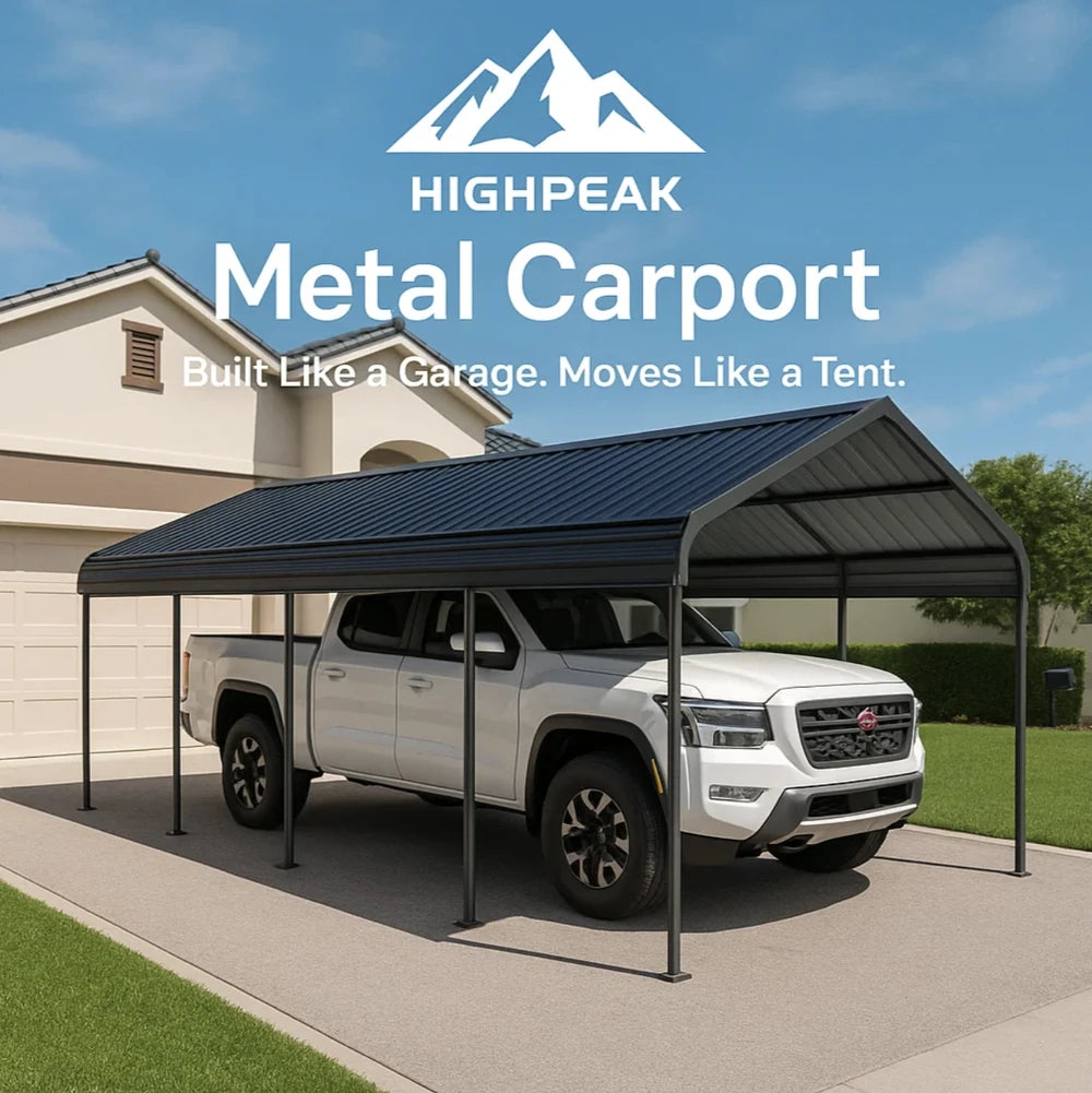 HighPeak Metal Carport in black with galvanized steel roof covering a white truck on a residential driveway