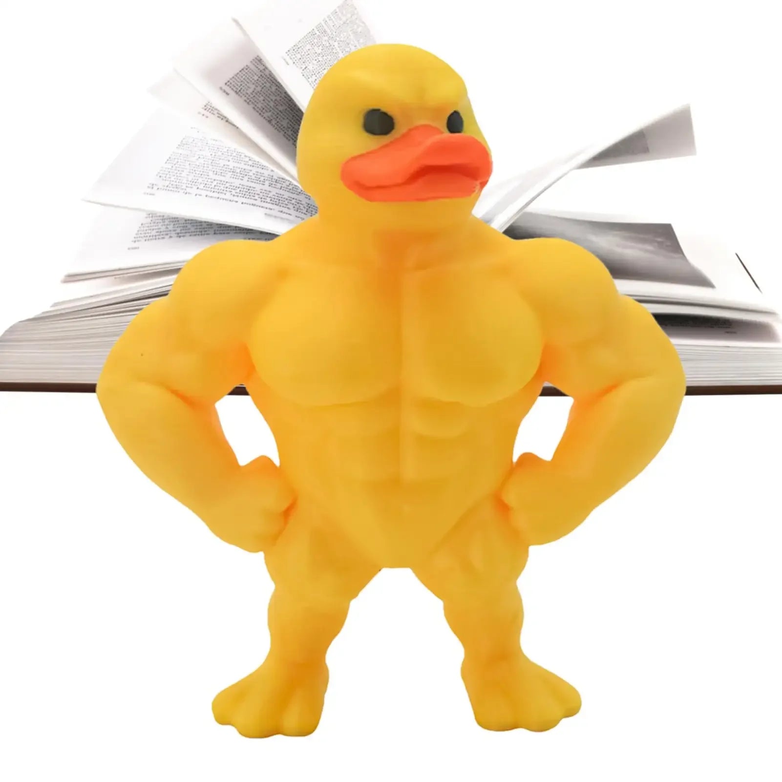 Close-up front view of yellow muscular duck desk statue