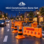 Mini Construction Zone Set with black-striped cones and barricades lining an illuminated model street.